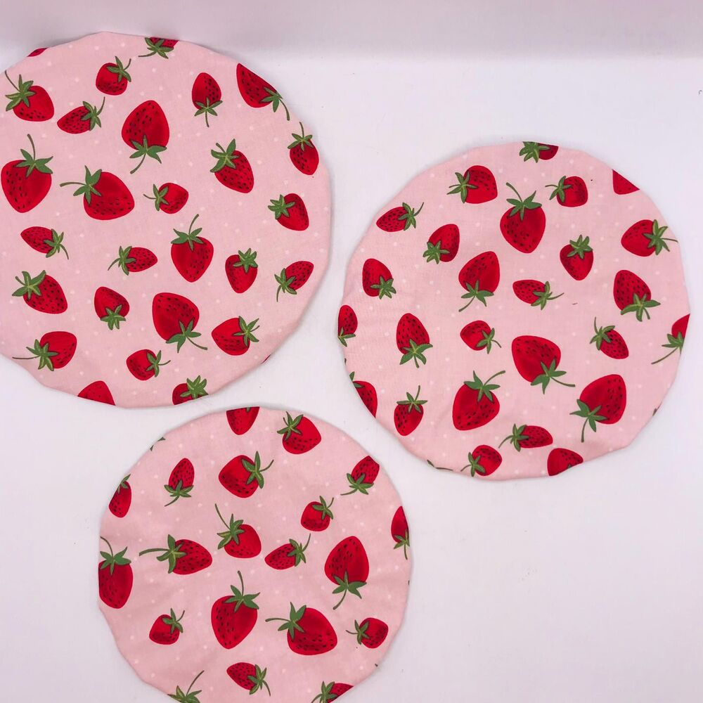 Cotton Bowl Cover For Sourdough, 3 Size Set, Reusable Washable Strawberries Pink